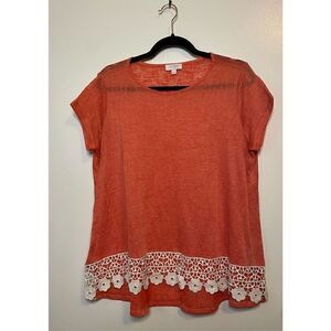 🔴 Umgee size S coral Boho crotchet hem cotton short sleeve blouse